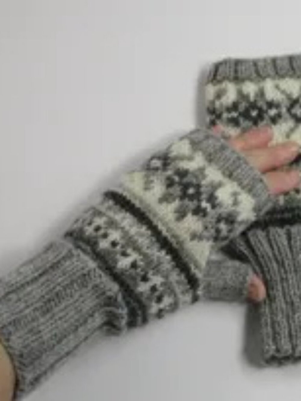 Hand Knit Norwegian Fair Isle Fingerless Mitts, 100% Wool Yarn, Women One Size